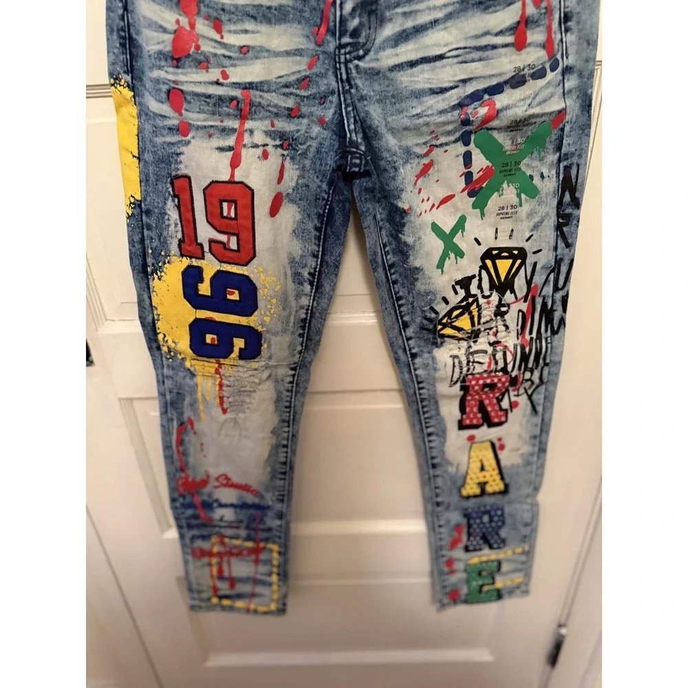 Rue21 Premium Skinny Acid‎ Wash Graphic Jeans Blue Multicolor Denim grunge 28x30